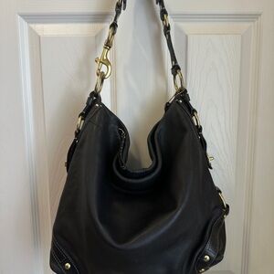 COACH Carly Black Leather Shoulder Bag 10616 Top Handle Brass Details